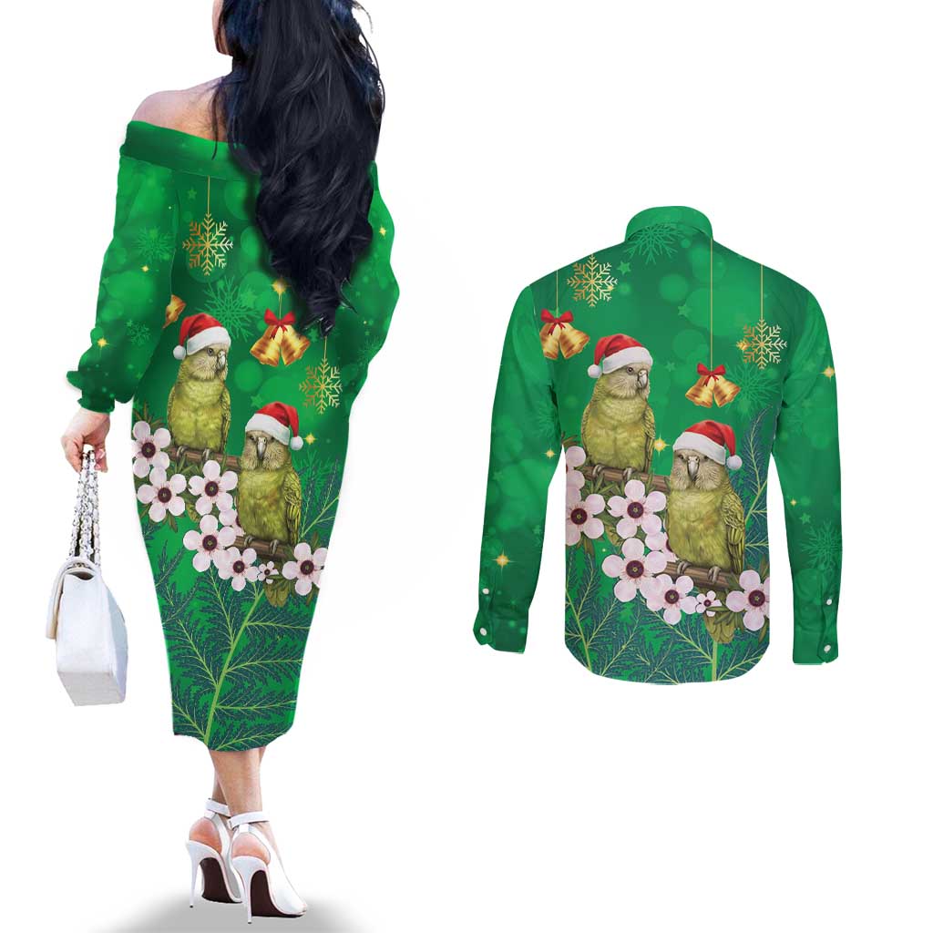 New Zealand Kakapo Christmas Couples Matching Off The Shoulder Long Sleeve Dress and Long Sleeve Button Shirt Owl Parrot Santa Sliver Fern Manuka - Green - Aussie Hoodie