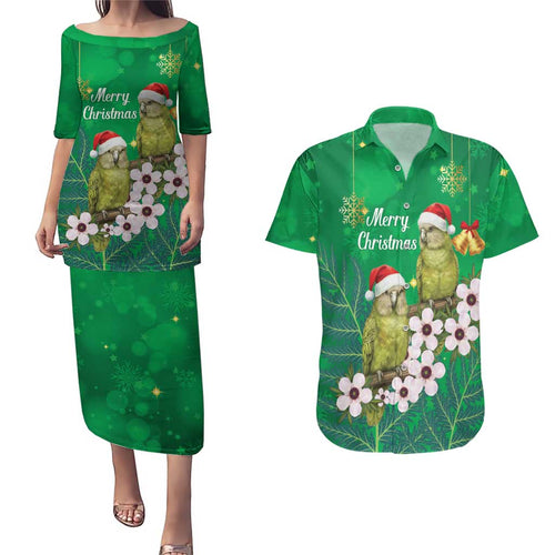 New Zealand Kakapo Christmas Couples Matching Puletasi and Hawaiian Shirt Owl Parrot Santa Sliver Fern Manuka - Green - Aussie Hoodie