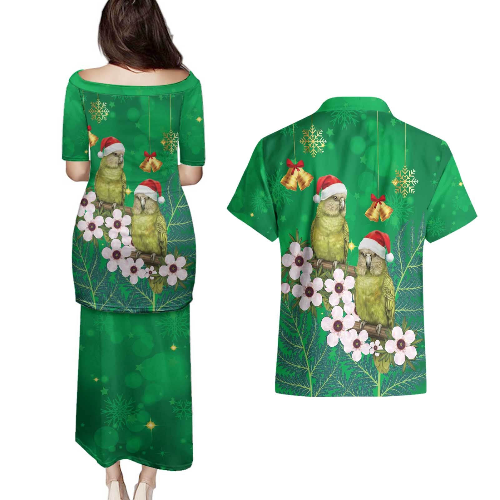 New Zealand Kakapo Christmas Couples Matching Puletasi and Hawaiian Shirt Owl Parrot Santa Sliver Fern Manuka - Green - Aussie Hoodie