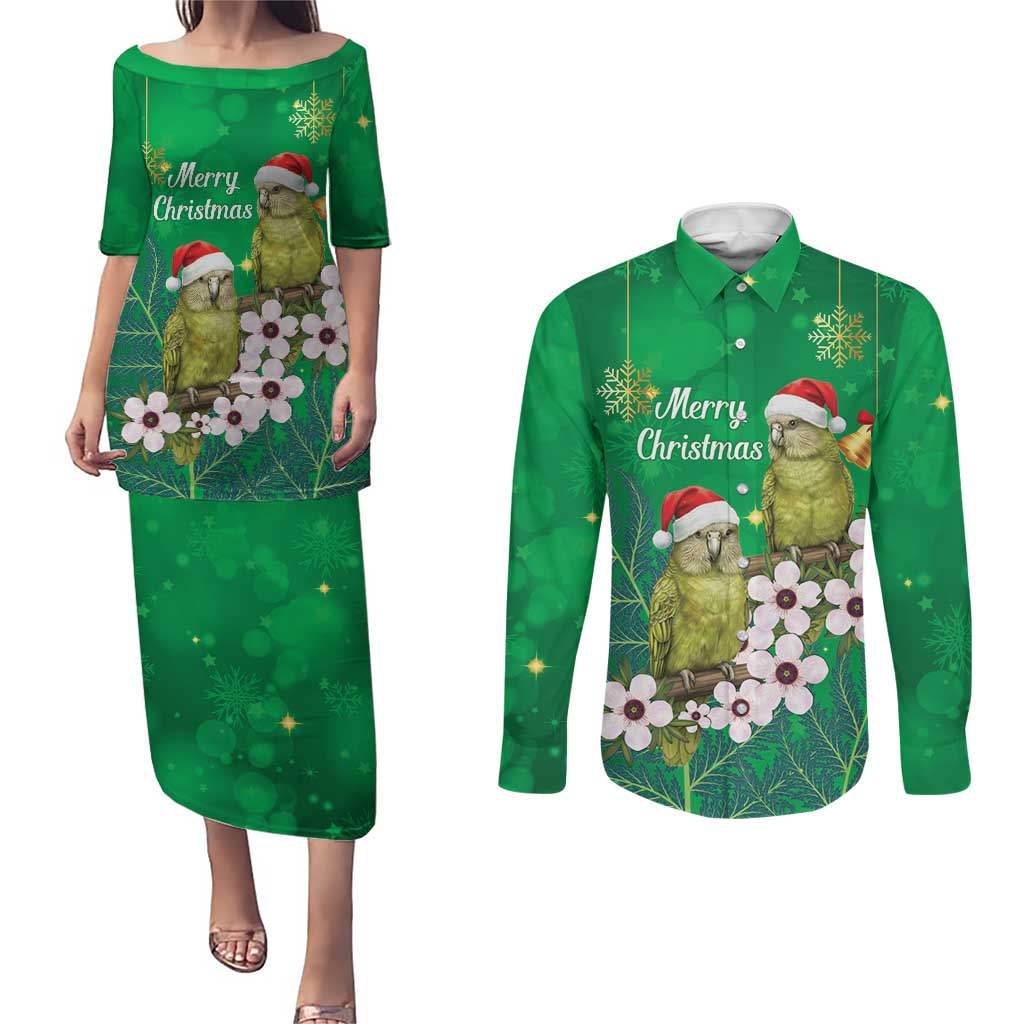 New Zealand Kakapo Christmas Couples Matching Puletasi and Long Sleeve Button Shirt Owl Parrot Santa Sliver Fern Manuka - Green - Aussie Hoodie