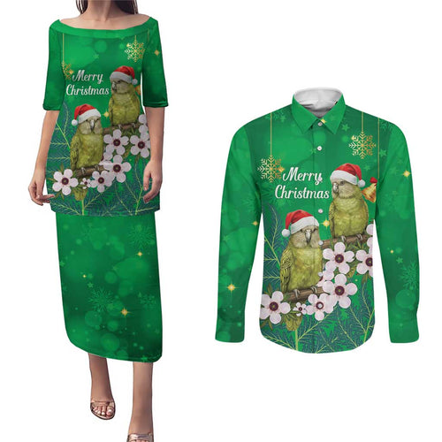New Zealand Kakapo Christmas Couples Matching Puletasi and Long Sleeve Button Shirt Owl Parrot Santa Sliver Fern Manuka - Green - Aussie Hoodie