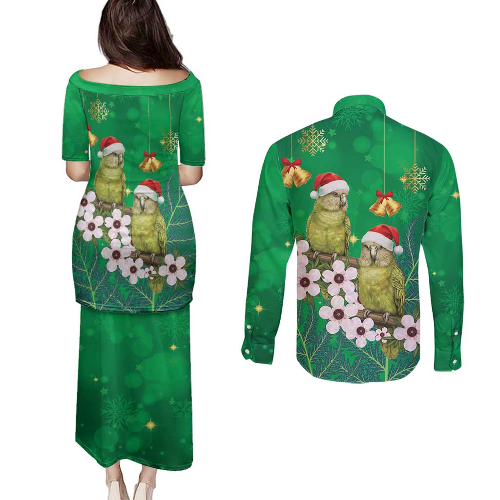 New Zealand Kakapo Christmas Couples Matching Puletasi and Long Sleeve Button Shirt Owl Parrot Santa Sliver Fern Manuka - Green - Aussie Hoodie