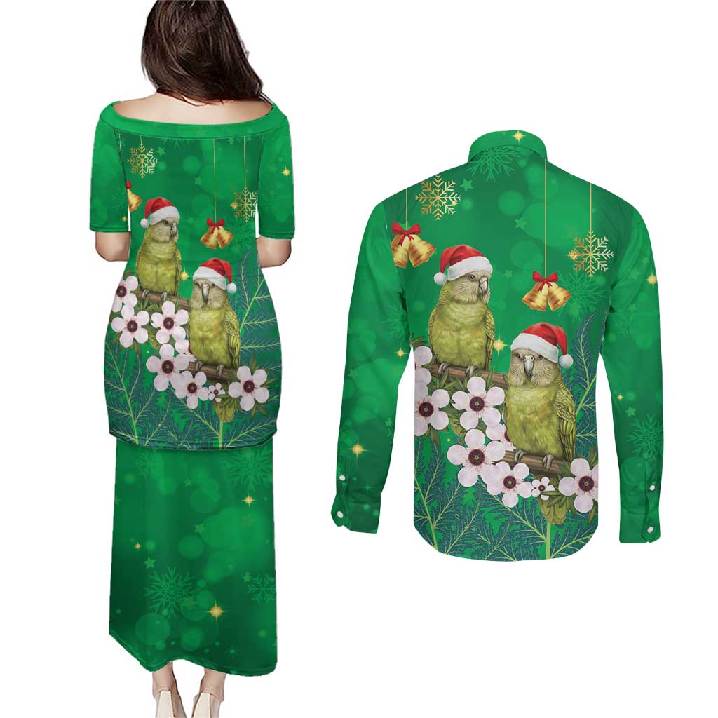 New Zealand Kakapo Christmas Couples Matching Puletasi and Long Sleeve Button Shirt Owl Parrot Santa Sliver Fern Manuka - Green - Aussie Hoodie