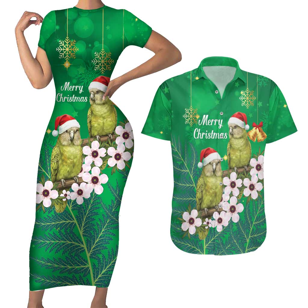 New Zealand Kakapo Christmas Couples Matching Short Sleeve Bodycon Dress and Hawaiian Shirt Owl Parrot Santa Sliver Fern Manuka - Green - Aussie Hoodie
