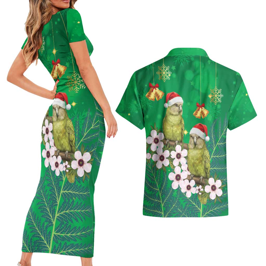 New Zealand Kakapo Christmas Couples Matching Short Sleeve Bodycon Dress and Hawaiian Shirt Owl Parrot Santa Sliver Fern Manuka - Green - Aussie Hoodie