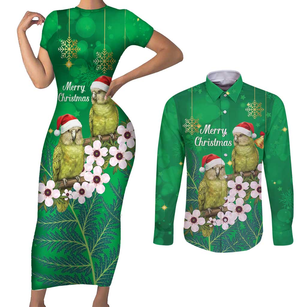 New Zealand Kakapo Christmas Couples Matching Short Sleeve Bodycon Dress and Long Sleeve Button Shirt Owl Parrot Santa Sliver Fern Manuka - Green - Aussie Hoodie