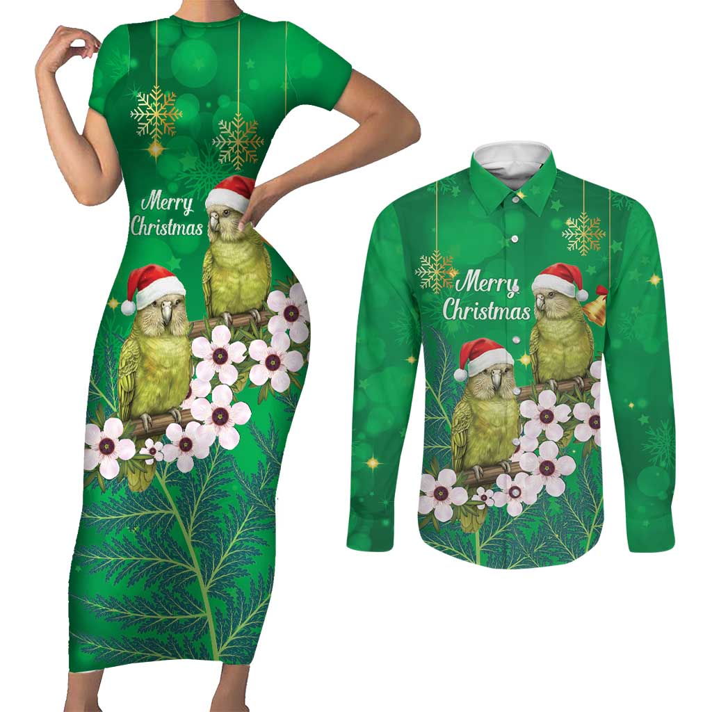 New Zealand Kakapo Christmas Couples Matching Short Sleeve Bodycon Dress and Long Sleeve Button Shirt Owl Parrot Santa Sliver Fern Manuka - Green - Aussie Hoodie