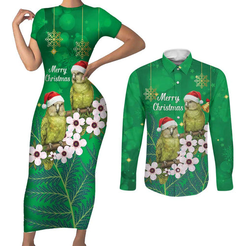 New Zealand Kakapo Christmas Couples Matching Short Sleeve Bodycon Dress and Long Sleeve Button Shirt Owl Parrot Santa Sliver Fern Manuka - Green - Aussie Hoodie