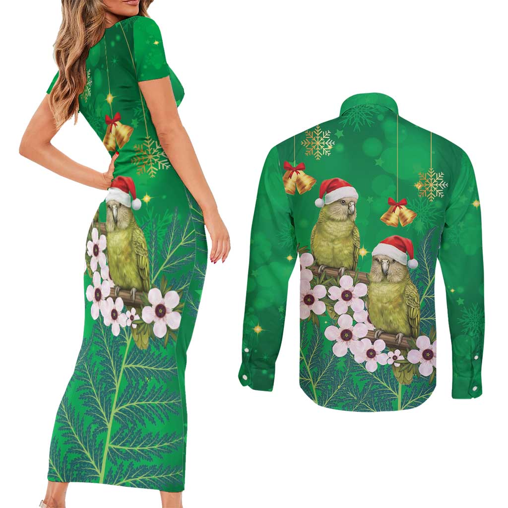 New Zealand Kakapo Christmas Couples Matching Short Sleeve Bodycon Dress and Long Sleeve Button Shirt Owl Parrot Santa Sliver Fern Manuka - Green - Aussie Hoodie
