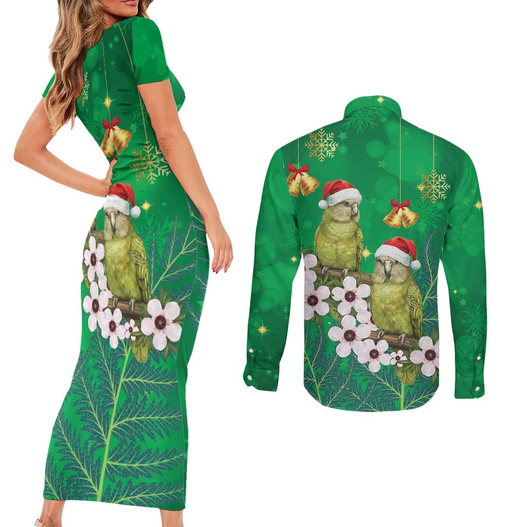 New Zealand Kakapo Christmas Couples Matching Short Sleeve Bodycon Dress and Long Sleeve Button Shirt Owl Parrot Santa Sliver Fern Manuka - Green - Aussie Hoodie