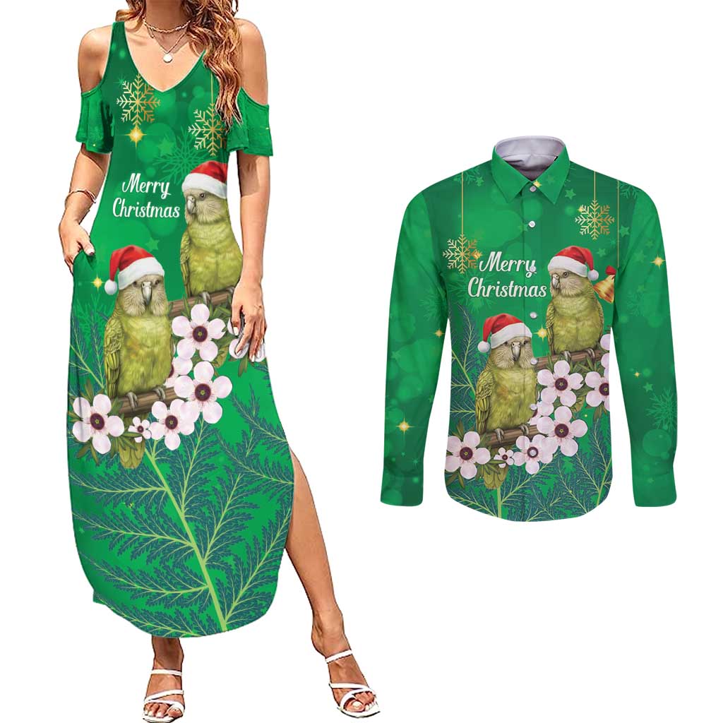 New Zealand Kakapo Christmas Couples Matching Summer Maxi Dress and Long Sleeve Button Shirt Owl Parrot Santa Sliver Fern Manuka - Green - Aussie Hoodie