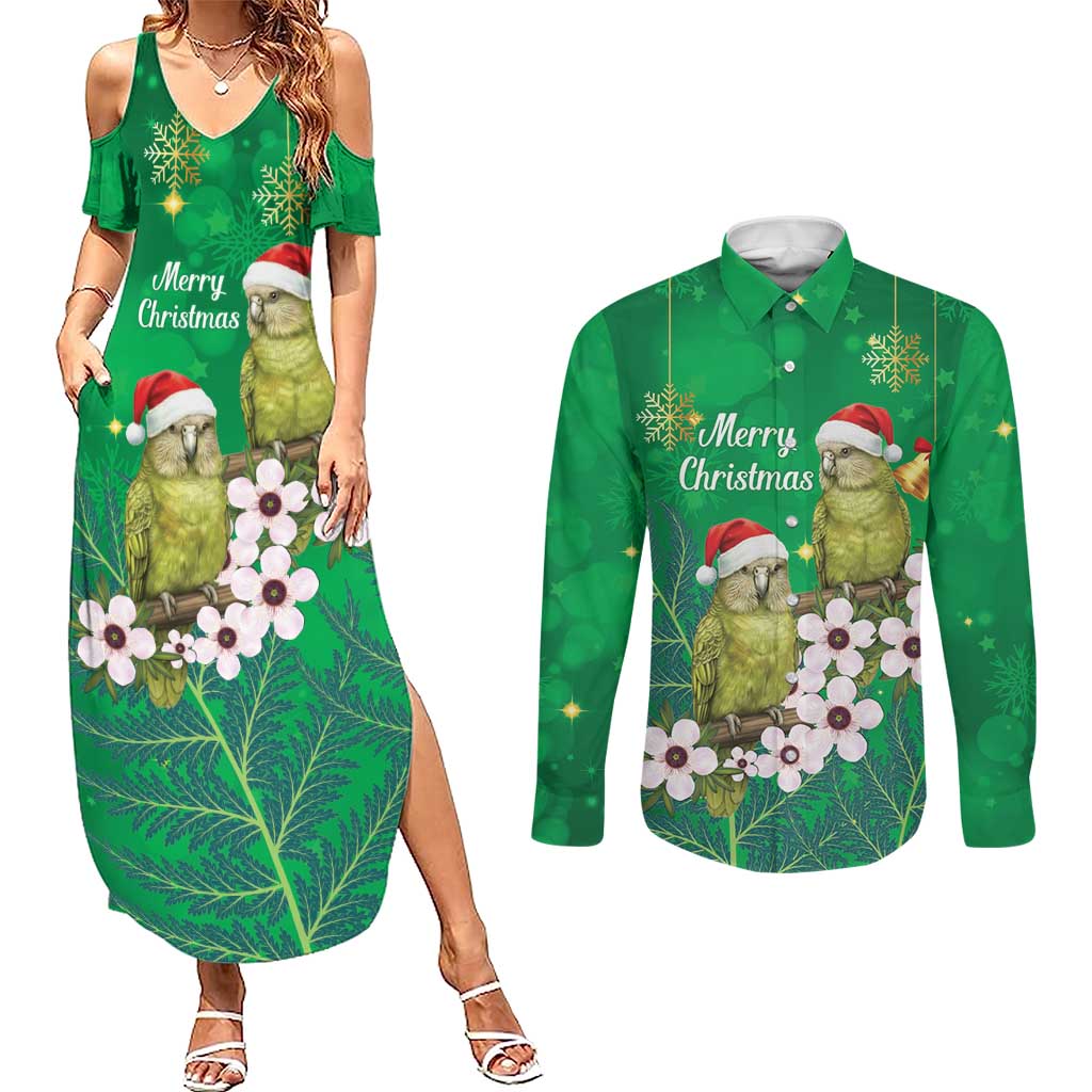 New Zealand Kakapo Christmas Couples Matching Summer Maxi Dress and Long Sleeve Button Shirt Owl Parrot Santa Sliver Fern Manuka - Green - Aussie Hoodie