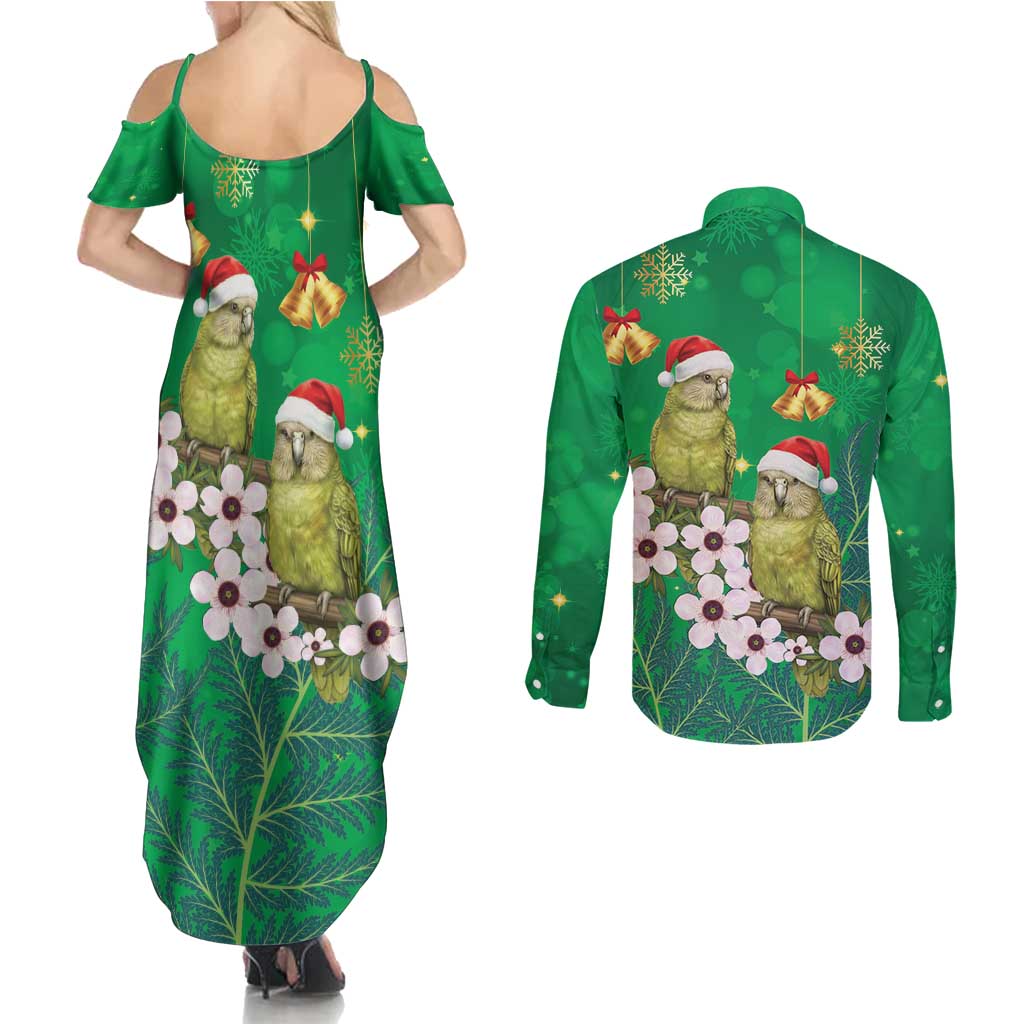 New Zealand Kakapo Christmas Couples Matching Summer Maxi Dress and Long Sleeve Button Shirt Owl Parrot Santa Sliver Fern Manuka - Green - Aussie Hoodie