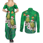 New Zealand Kakapo Christmas Couples Matching Summer Maxi Dress and Long Sleeve Button Shirt Owl Parrot Santa Sliver Fern Manuka - Green - Aussie Hoodie