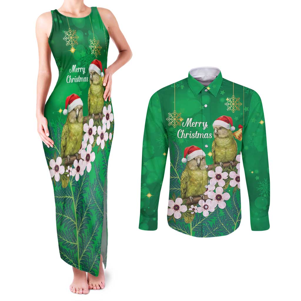New Zealand Kakapo Christmas Couples Matching Tank Maxi Dress and Long Sleeve Button Shirt Owl Parrot Santa Sliver Fern Manuka - Green - Aussie Hoodie