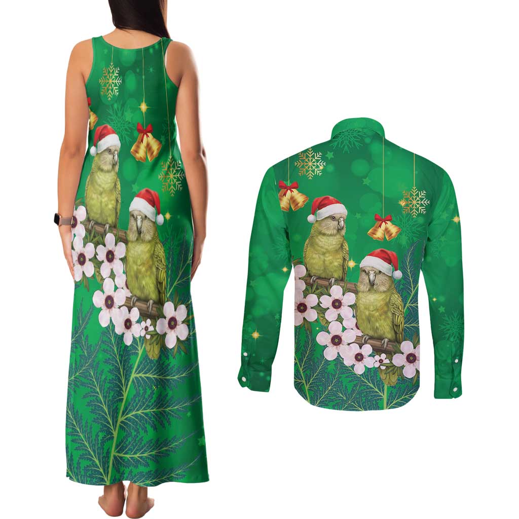 New Zealand Kakapo Christmas Couples Matching Tank Maxi Dress and Long Sleeve Button Shirt Owl Parrot Santa Sliver Fern Manuka - Green - Aussie Hoodie