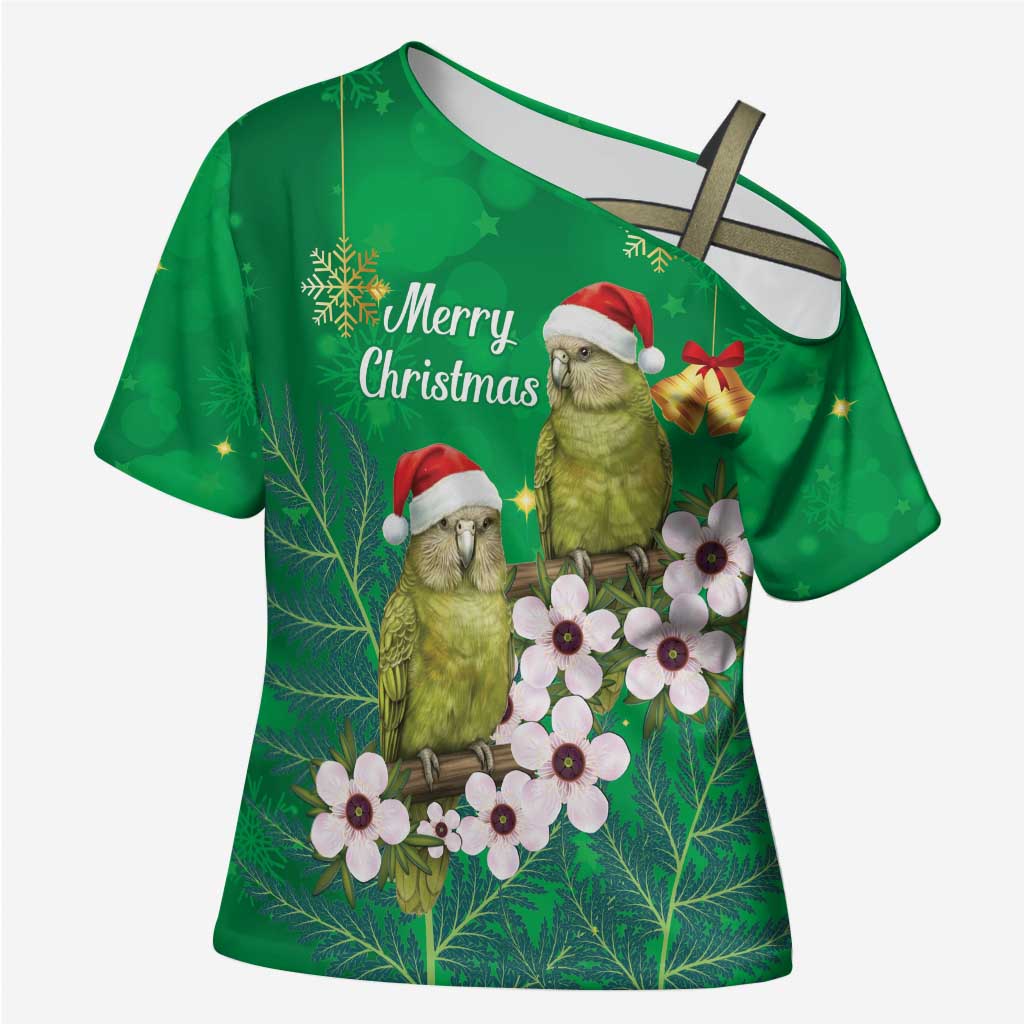 New Zealand Kakapo Christmas Cross Shoulder Shirt Owl Parrot Santa Sliver Fern Manuka - Green - Aussie Hoodie
