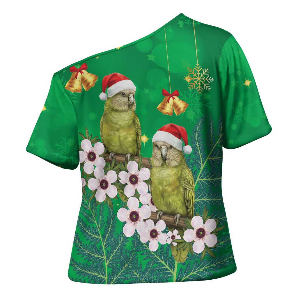 New Zealand Kakapo Christmas Cross Shoulder Shirt Owl Parrot Santa Sliver Fern Manuka - Green - Aussie Hoodie