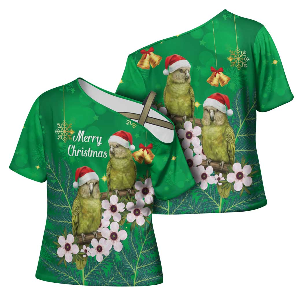 New Zealand Kakapo Christmas Cross Shoulder Shirt Owl Parrot Santa Sliver Fern Manuka - Green - Aussie Hoodie