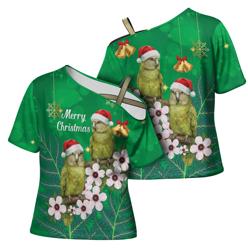 New Zealand Kakapo Christmas Cross Shoulder Shirt Owl Parrot Santa Sliver Fern Manuka - Green - Aussie Hoodie