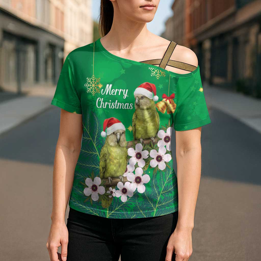 New Zealand Kakapo Christmas Cross Shoulder Shirt Owl Parrot Santa Sliver Fern Manuka - Green - Aussie Hoodie