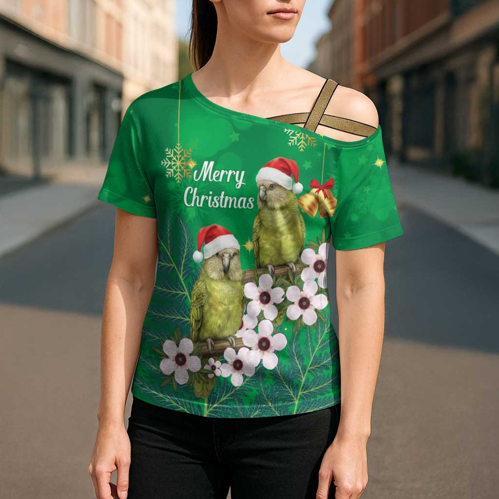 New Zealand Kakapo Christmas Cross Shoulder Shirt Owl Parrot Santa Sliver Fern Manuka - Green - Aussie Hoodie