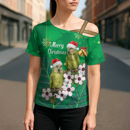 New Zealand Kakapo Christmas Cross Shoulder Shirt Owl Parrot Santa Sliver Fern Manuka - Green - Aussie Hoodie