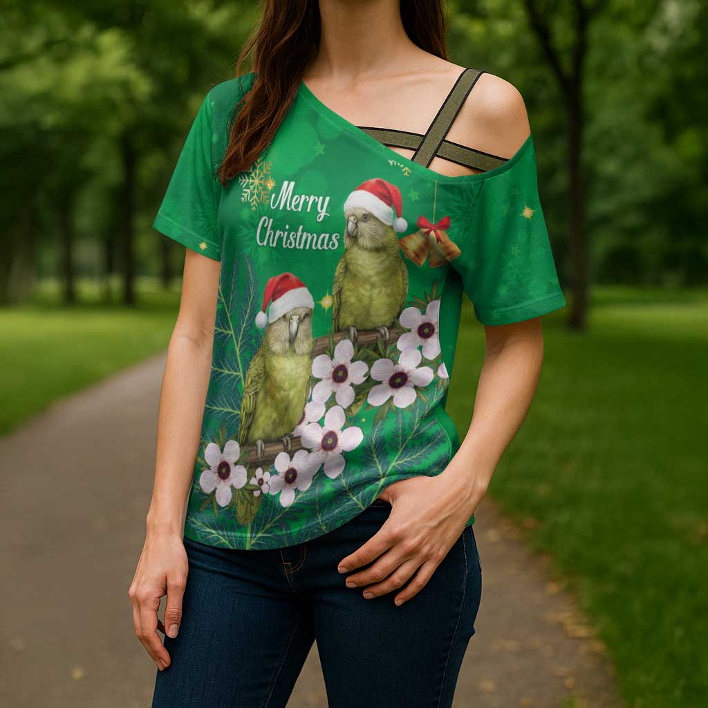 New Zealand Kakapo Christmas Cross Shoulder Shirt Owl Parrot Santa Sliver Fern Manuka - Green - Aussie Hoodie