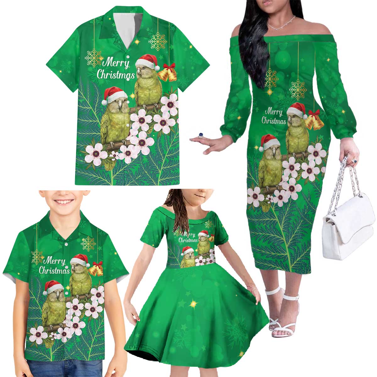 New Zealand Kakapo Christmas Family Matching Off The Shoulder Long Sleeve Dress and Hawaiian Shirt Owl Parrot Santa Sliver Fern Manuka - Green - Aussie Hoodie