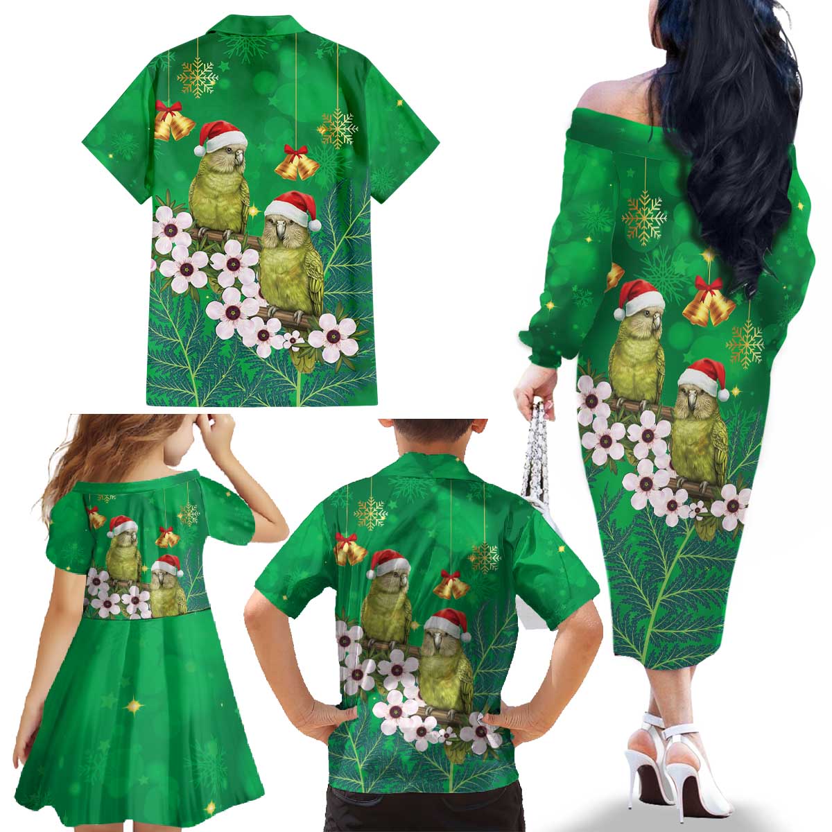 New Zealand Kakapo Christmas Family Matching Off The Shoulder Long Sleeve Dress and Hawaiian Shirt Owl Parrot Santa Sliver Fern Manuka - Green - Aussie Hoodie