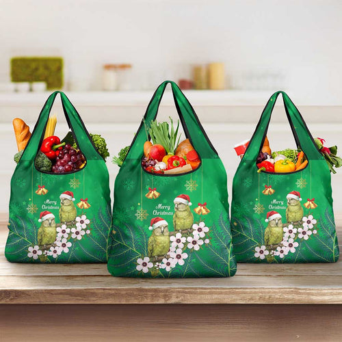 New Zealand Kakapo Christmas Grocery Bag Owl Parrot Santa Sliver Fern Manuka - Green - Aussie Hoodie
