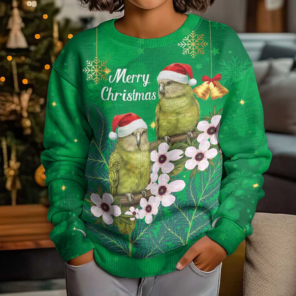 New Zealand Kakapo Christmas Kid Ugly Christmas Sweater Owl Parrot Santa Sliver Fern Manuka - Green - Aussie Hoodie