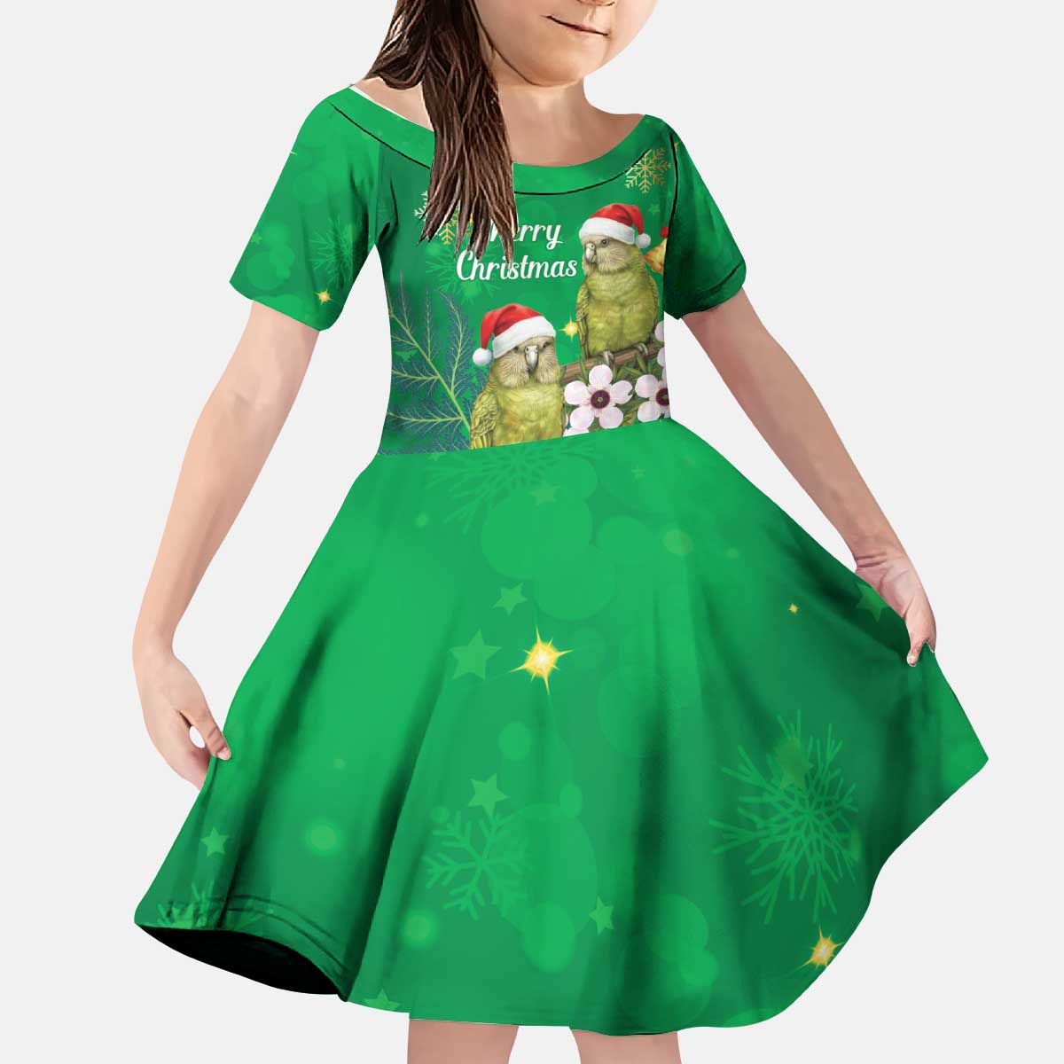 New Zealand Kakapo Christmas Kid Short Sleeve Dress Owl Parrot Santa Sliver Fern Manuka - Green - Aussie Hoodie