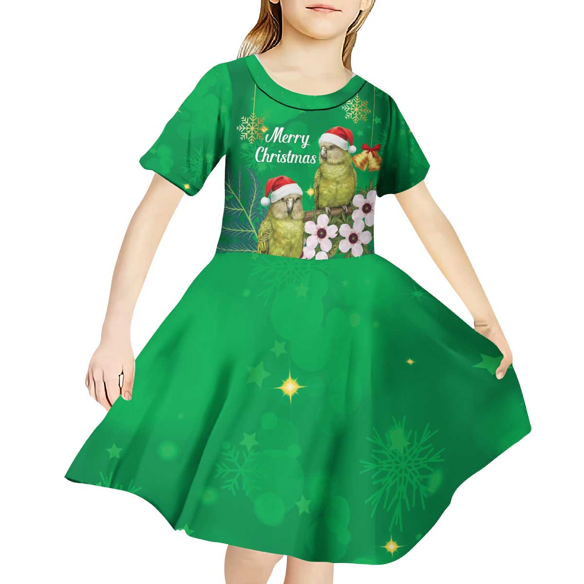 New Zealand Kakapo Christmas Kid Short Sleeve Dress Owl Parrot Santa Sliver Fern Manuka - Green - Aussie Hoodie