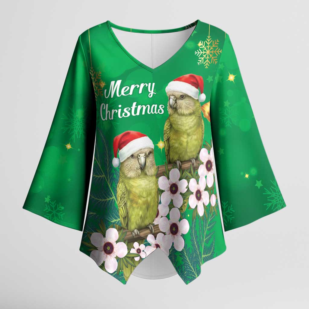 New Zealand Kakapo Christmas Kimono Sleeve Blouse Owl Parrot Santa Sliver Fern Manuka - Green - Aussie Hoodie