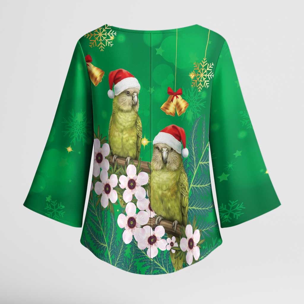 New Zealand Kakapo Christmas Kimono Sleeve Blouse Owl Parrot Santa Sliver Fern Manuka - Green - Aussie Hoodie