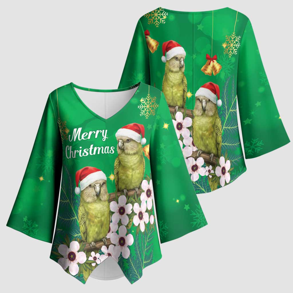 New Zealand Kakapo Christmas Kimono Sleeve Blouse Owl Parrot Santa Sliver Fern Manuka - Green - Aussie Hoodie