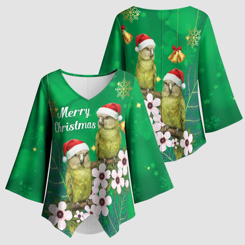 New Zealand Kakapo Christmas Kimono Sleeve Blouse Owl Parrot Santa Sliver Fern Manuka - Green - Aussie Hoodie