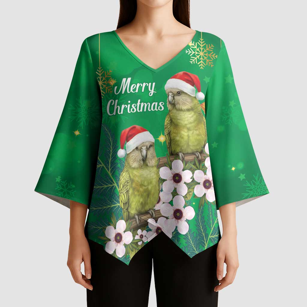 New Zealand Kakapo Christmas Kimono Sleeve Blouse Owl Parrot Santa Sliver Fern Manuka - Green - Aussie Hoodie