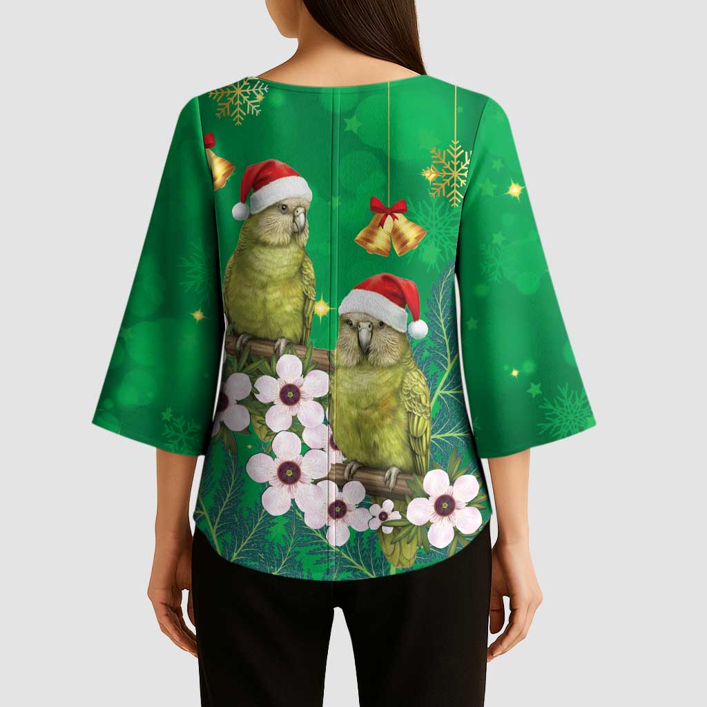 New Zealand Kakapo Christmas Kimono Sleeve Blouse Owl Parrot Santa Sliver Fern Manuka - Green - Aussie Hoodie