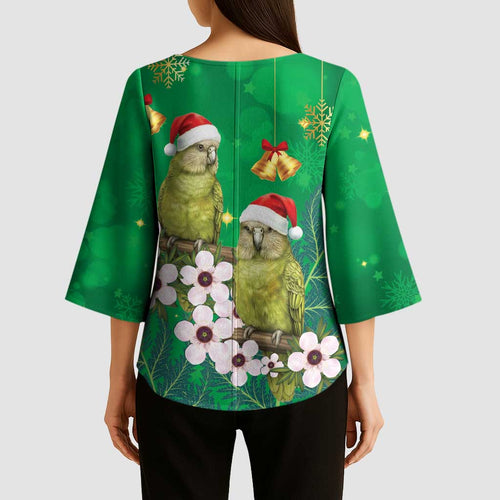 New Zealand Kakapo Christmas Kimono Sleeve Blouse Owl Parrot Santa Sliver Fern Manuka - Green - Aussie Hoodie