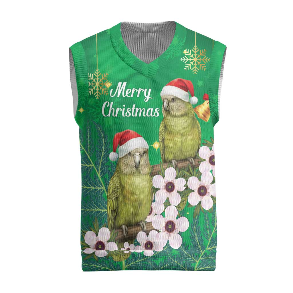 New Zealand Kakapo Christmas Knitted V-Neck Vest Owl Parrot Santa Sliver Fern Manuka - Green - Aussie Hoodie