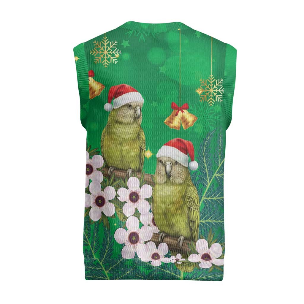 New Zealand Kakapo Christmas Knitted V-Neck Vest Owl Parrot Santa Sliver Fern Manuka - Green - Aussie Hoodie