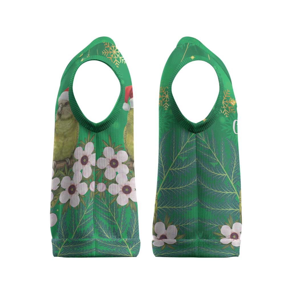 New Zealand Kakapo Christmas Knitted V-Neck Vest Owl Parrot Santa Sliver Fern Manuka - Green - Aussie Hoodie