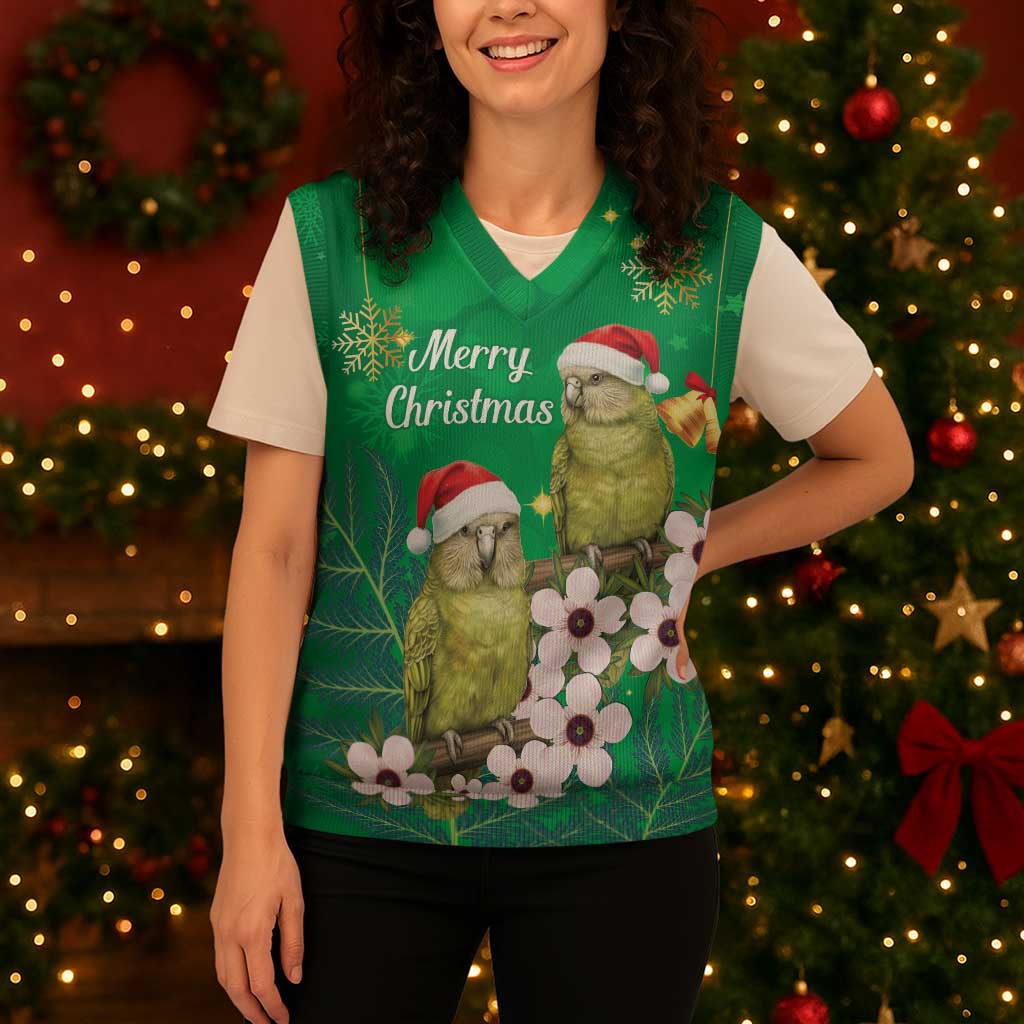 New Zealand Kakapo Christmas Knitted V-Neck Vest Owl Parrot Santa Sliver Fern Manuka - Green - Aussie Hoodie