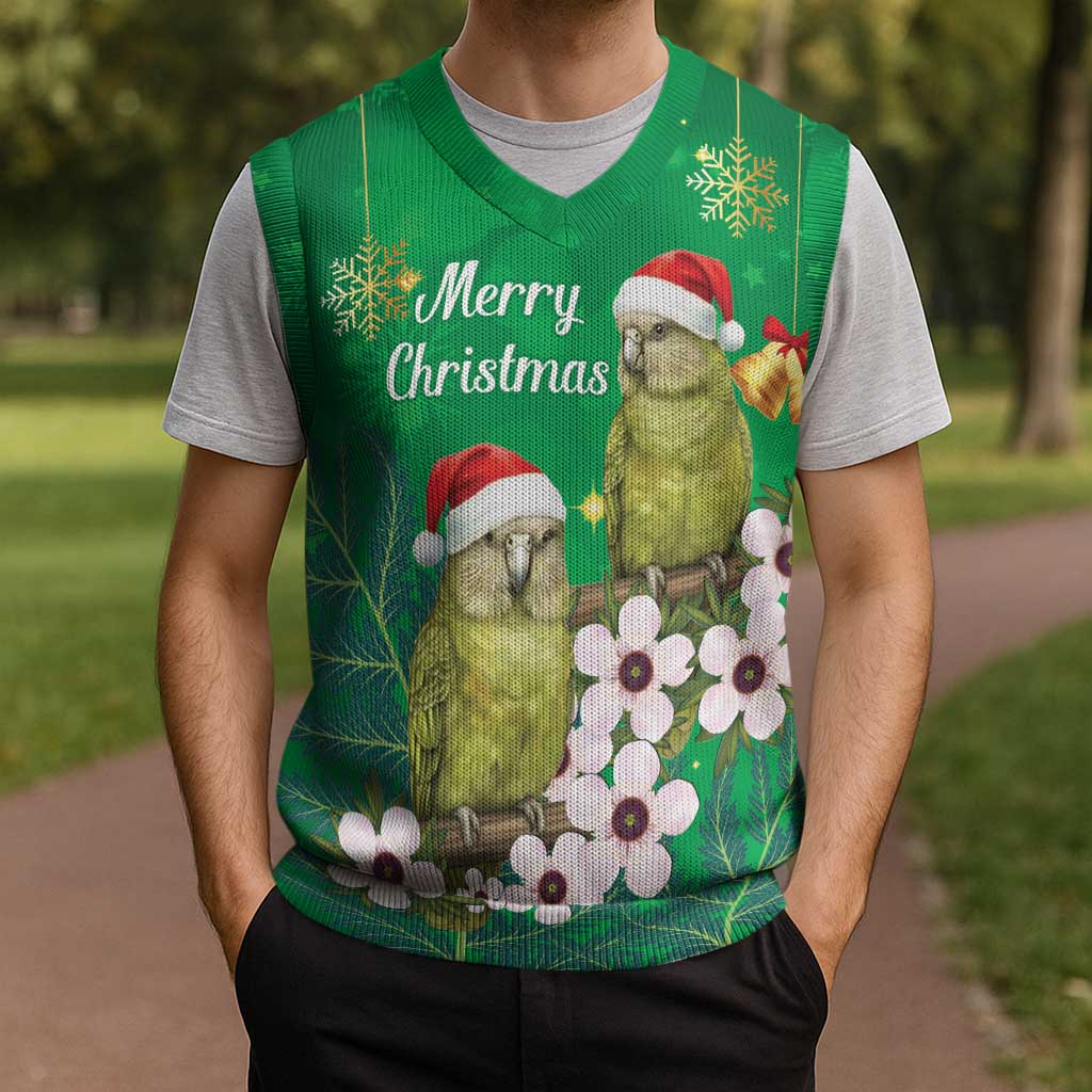 New Zealand Kakapo Christmas Knitted V-Neck Vest Owl Parrot Santa Sliver Fern Manuka - Green - Aussie Hoodie