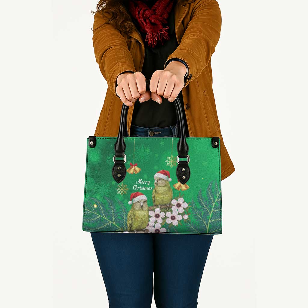 New Zealand Kakapo Christmas Leather Bag Owl Parrot Santa Sliver Fern Manuka - Green - Aussie Hoodie