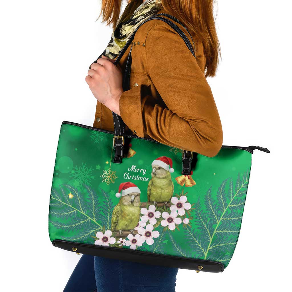 New Zealand Kakapo Christmas Leather Tote Bag Owl Parrot Santa Sliver Fern Manuka - Green - Aussie Hoodie