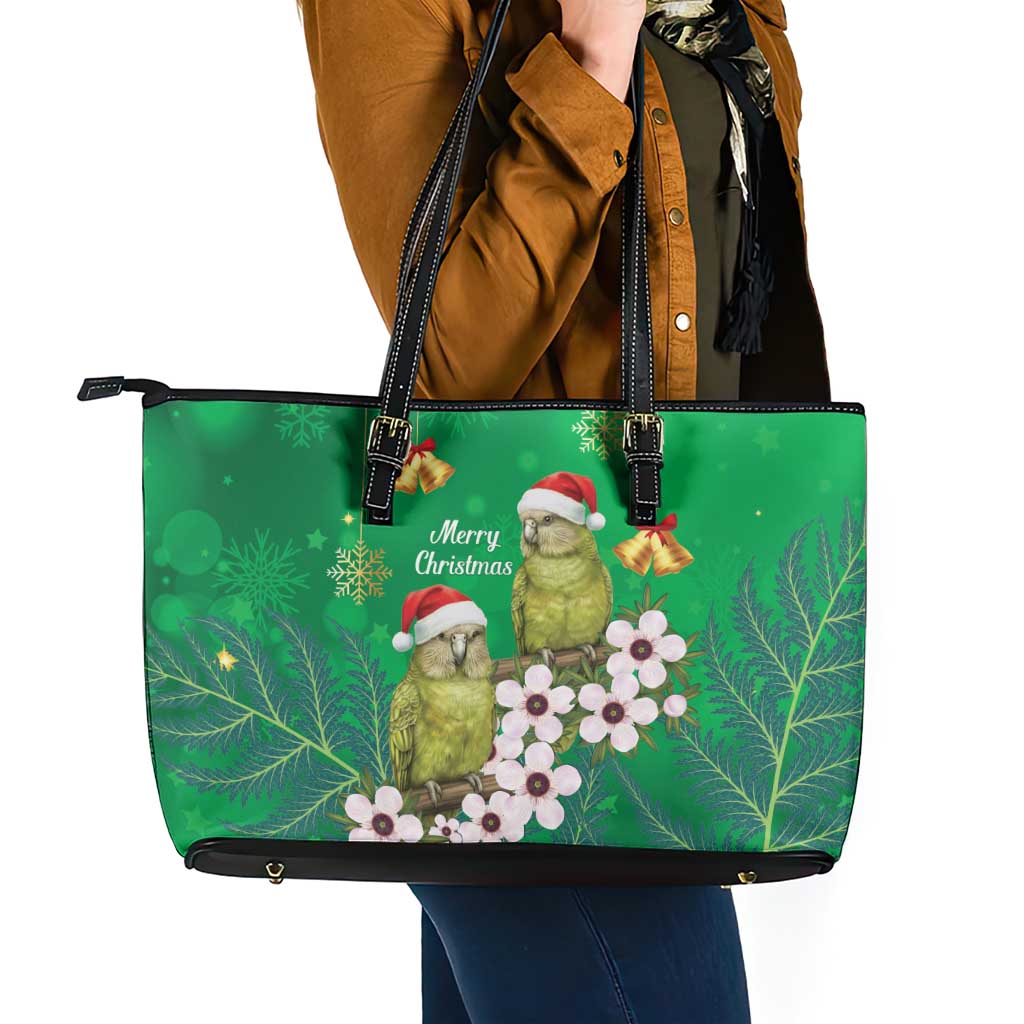 New Zealand Kakapo Christmas Leather Tote Bag Owl Parrot Santa Sliver Fern Manuka - Green - Aussie Hoodie