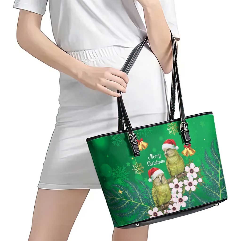 New Zealand Kakapo Christmas Leather Tote Bag Owl Parrot Santa Sliver Fern Manuka - Green - Aussie Hoodie